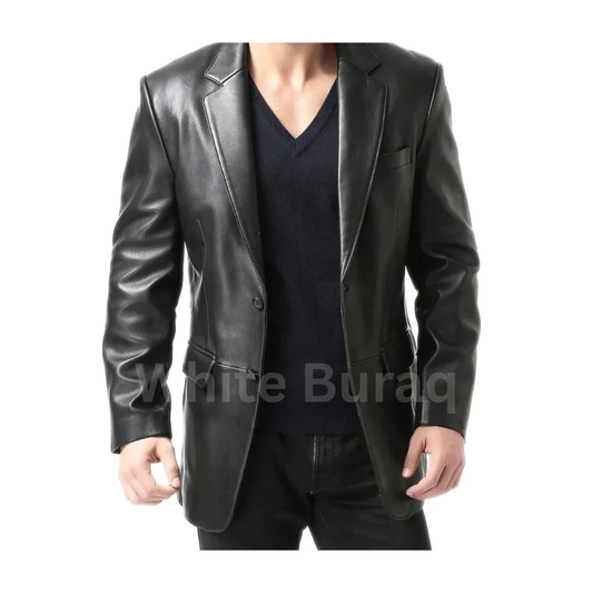 Men’s Black Two-Button Leather Blazer