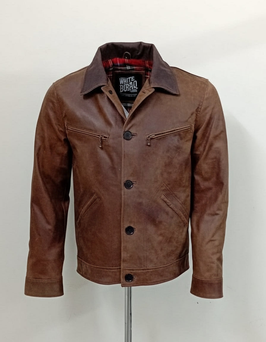 Brown leather jacket on a mannequin against a white background