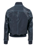 Back view of a dark blue leather jacket