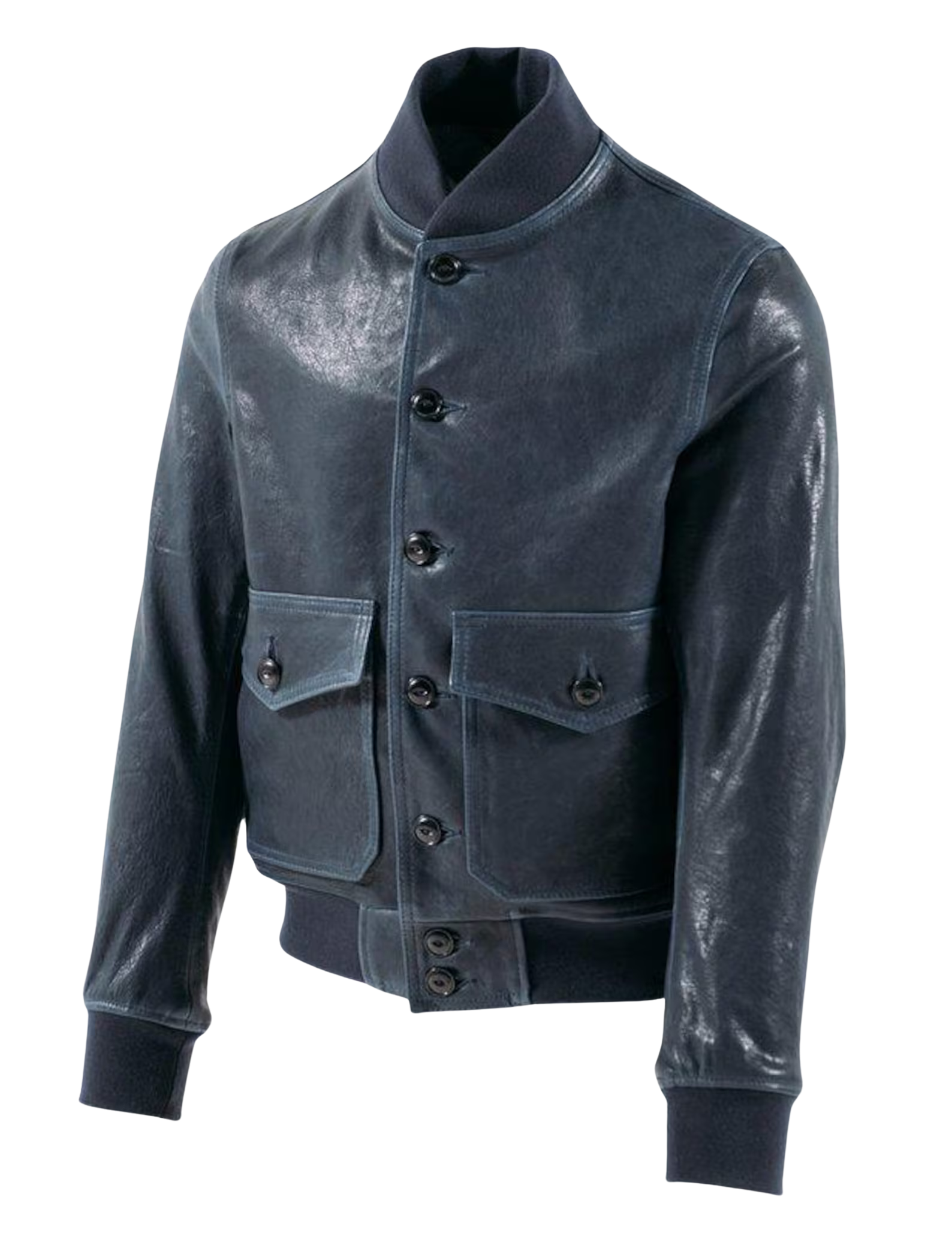 Blue leather jacket with button details