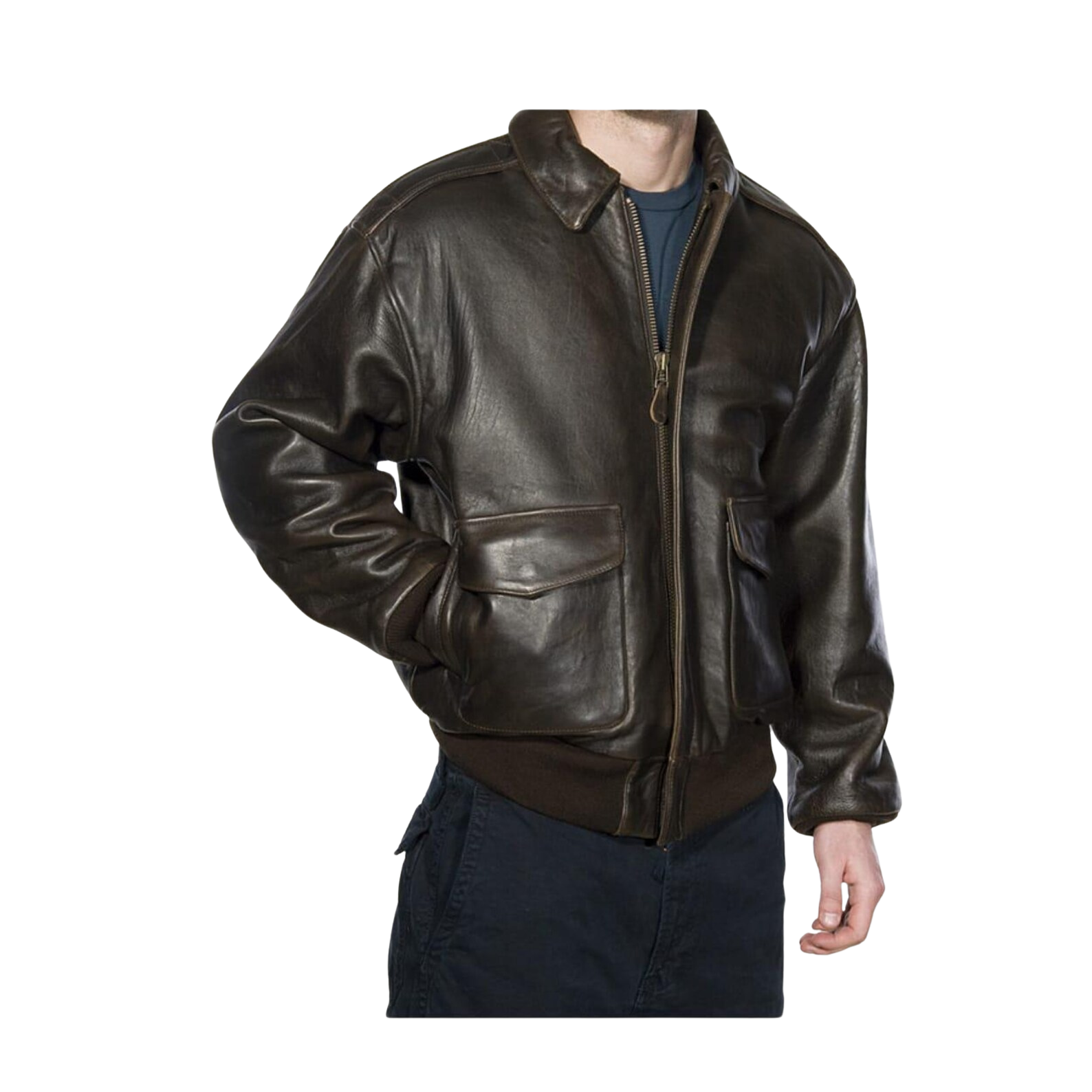 Brown leather jacket worn by a person