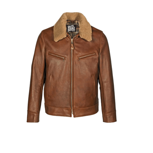 Brown leather jacket with fur collar