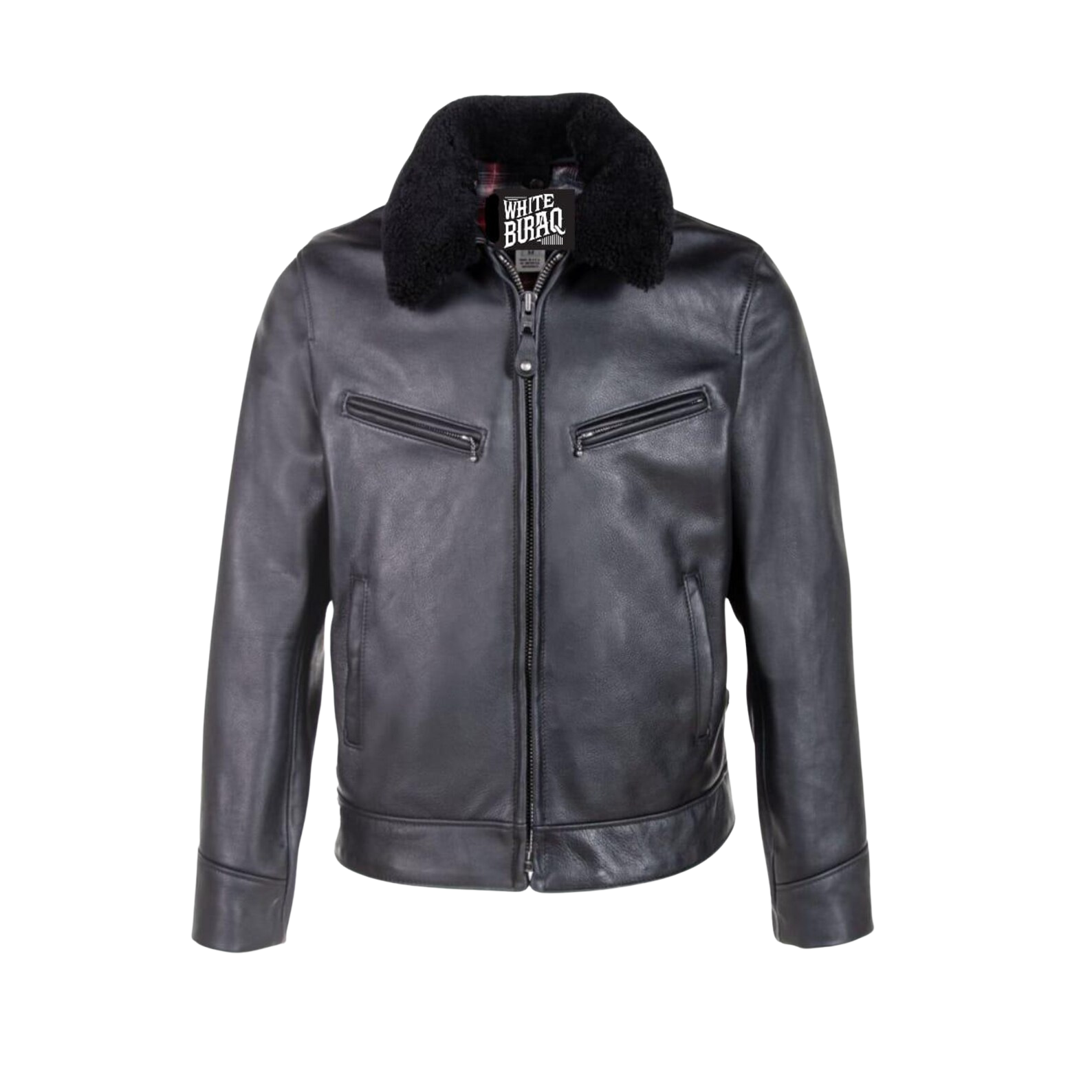 Black leather jacket with fur collar on a white background