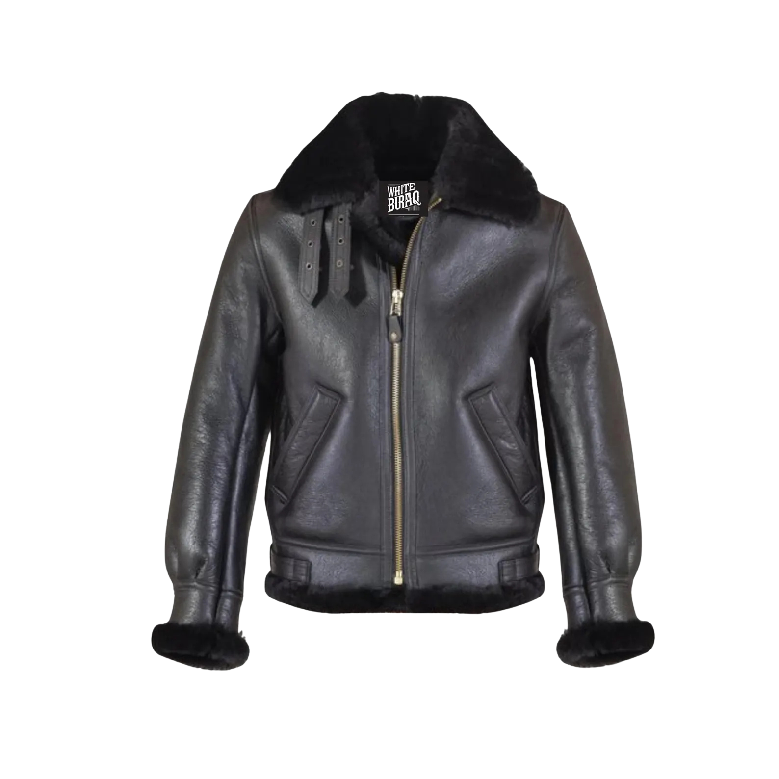 Black leather jacket with fur collar