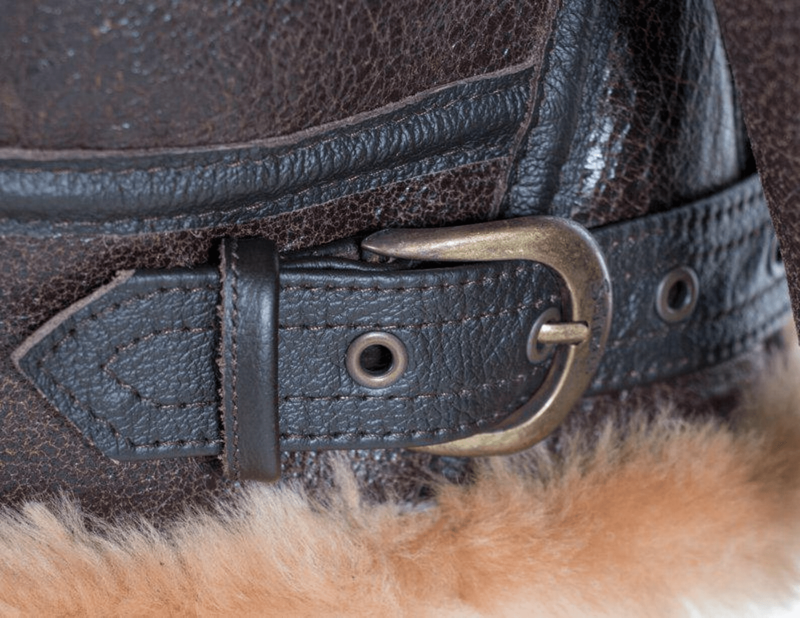 Close-up of a leather belt with a fur trim