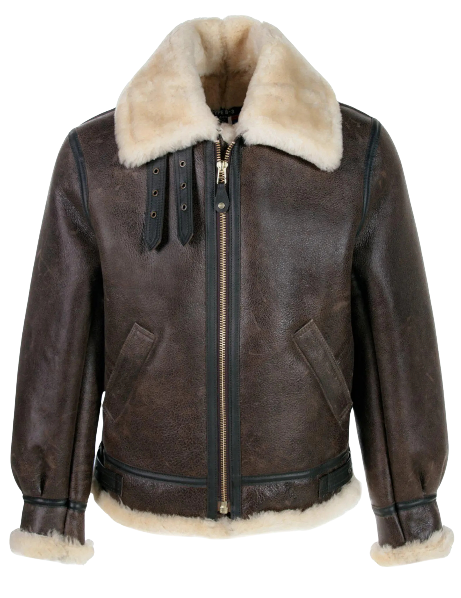 Brown leather jacket with fur collar and cuffs