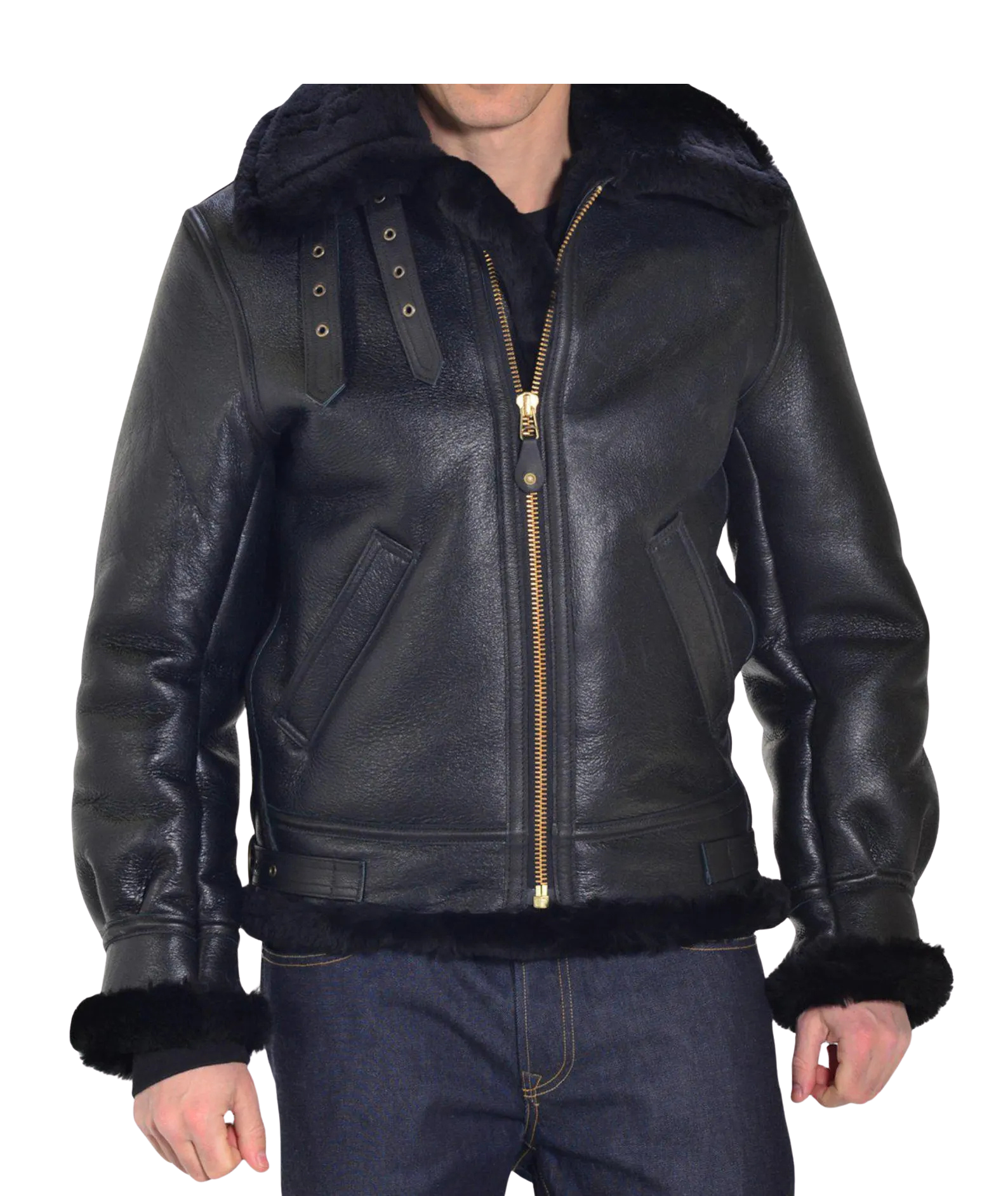 Black leather jacket with fur trim