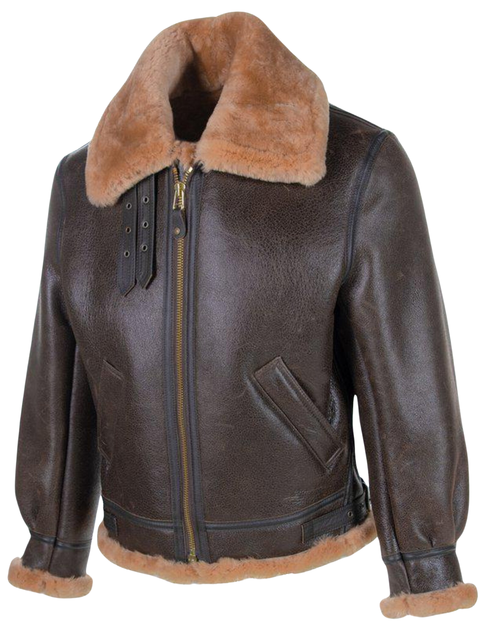 Brown leather jacket with fur collar and cuffs