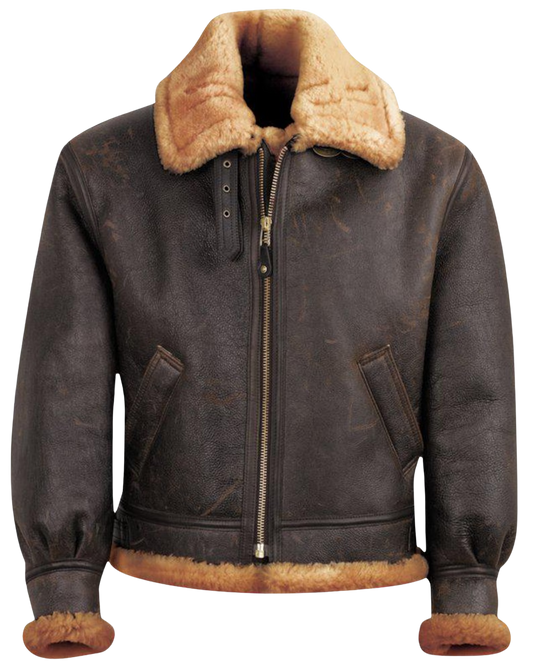Brown leather jacket with fur collar and cuffs