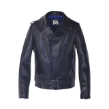 Black leather jacket with a visible brand label on a white background
