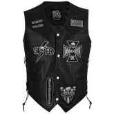 Black leather vest with various patches and branding