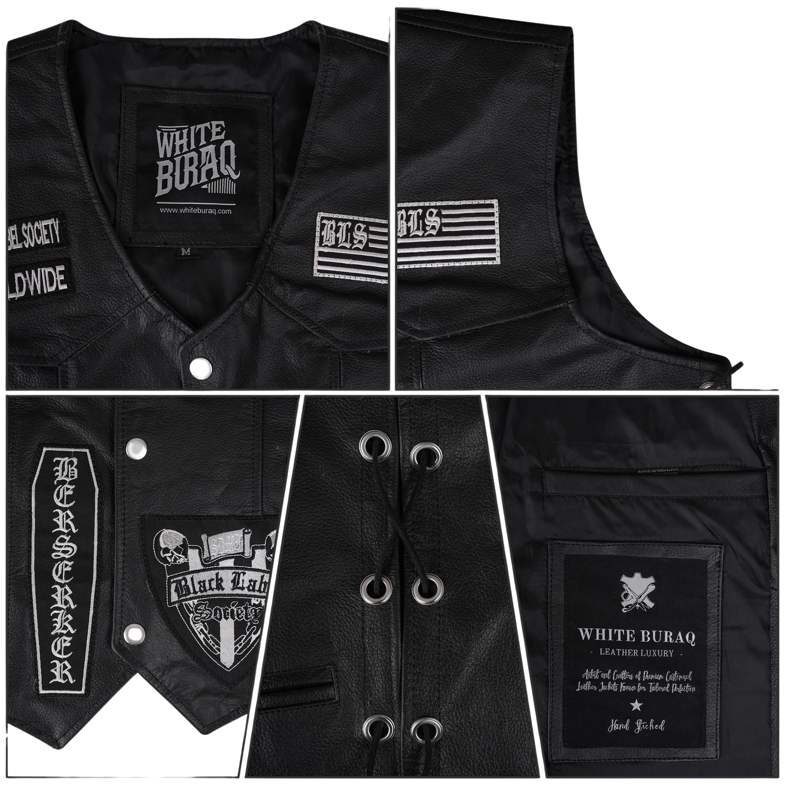 Black leather vest with various logos and text