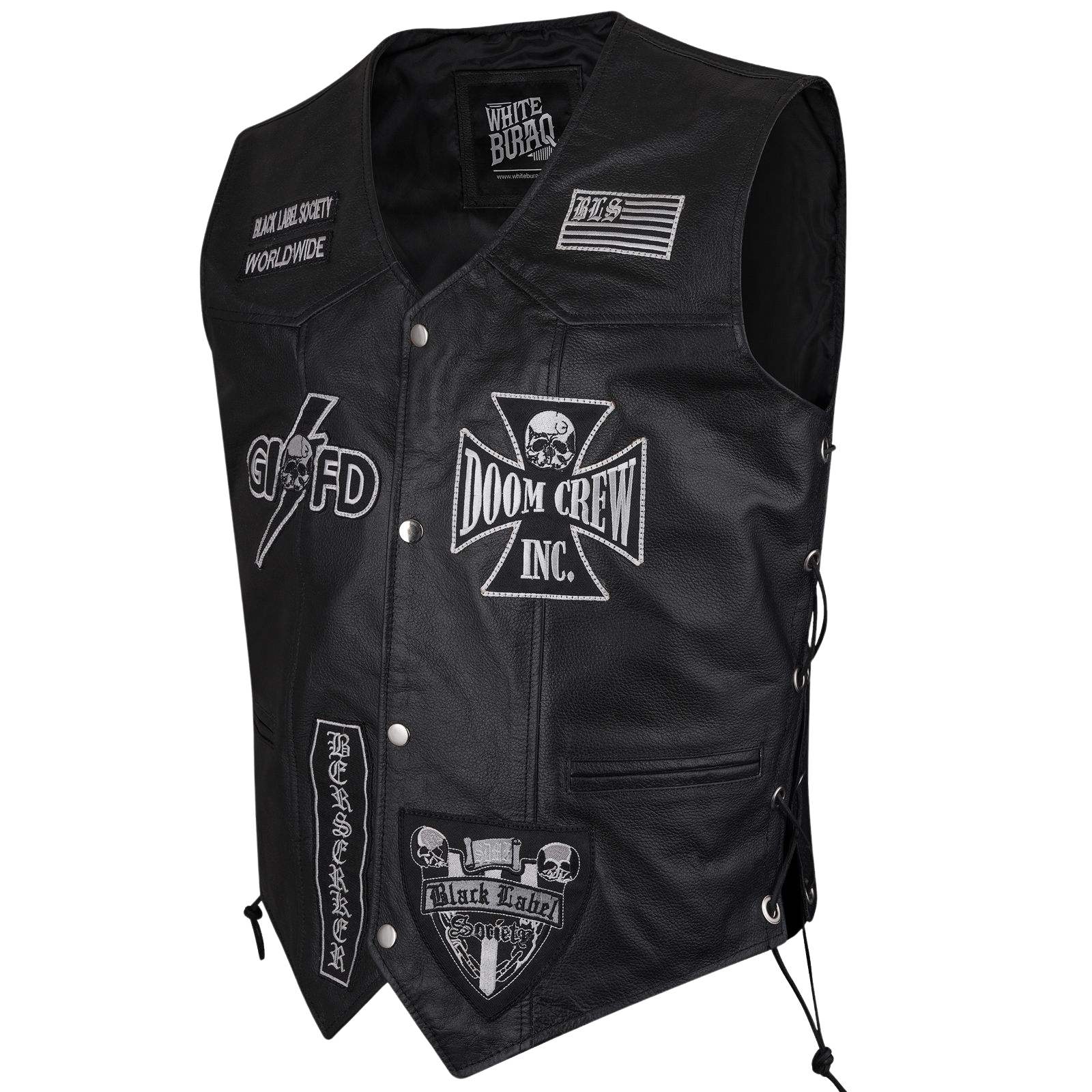 Black leather vest with various patches