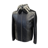 Black textured jacket with fur-lined hood