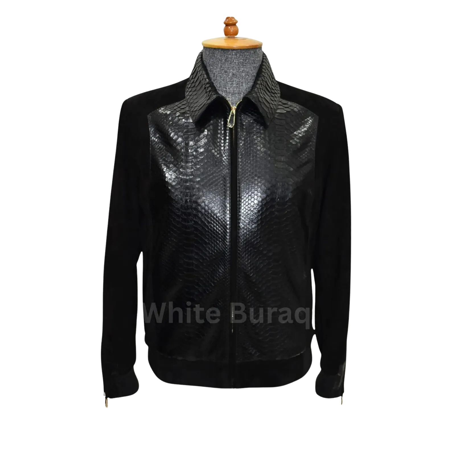 Black leather jacket with snake skin pattern on a mannequin