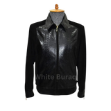 Black leather jacket with snake skin pattern on a mannequin