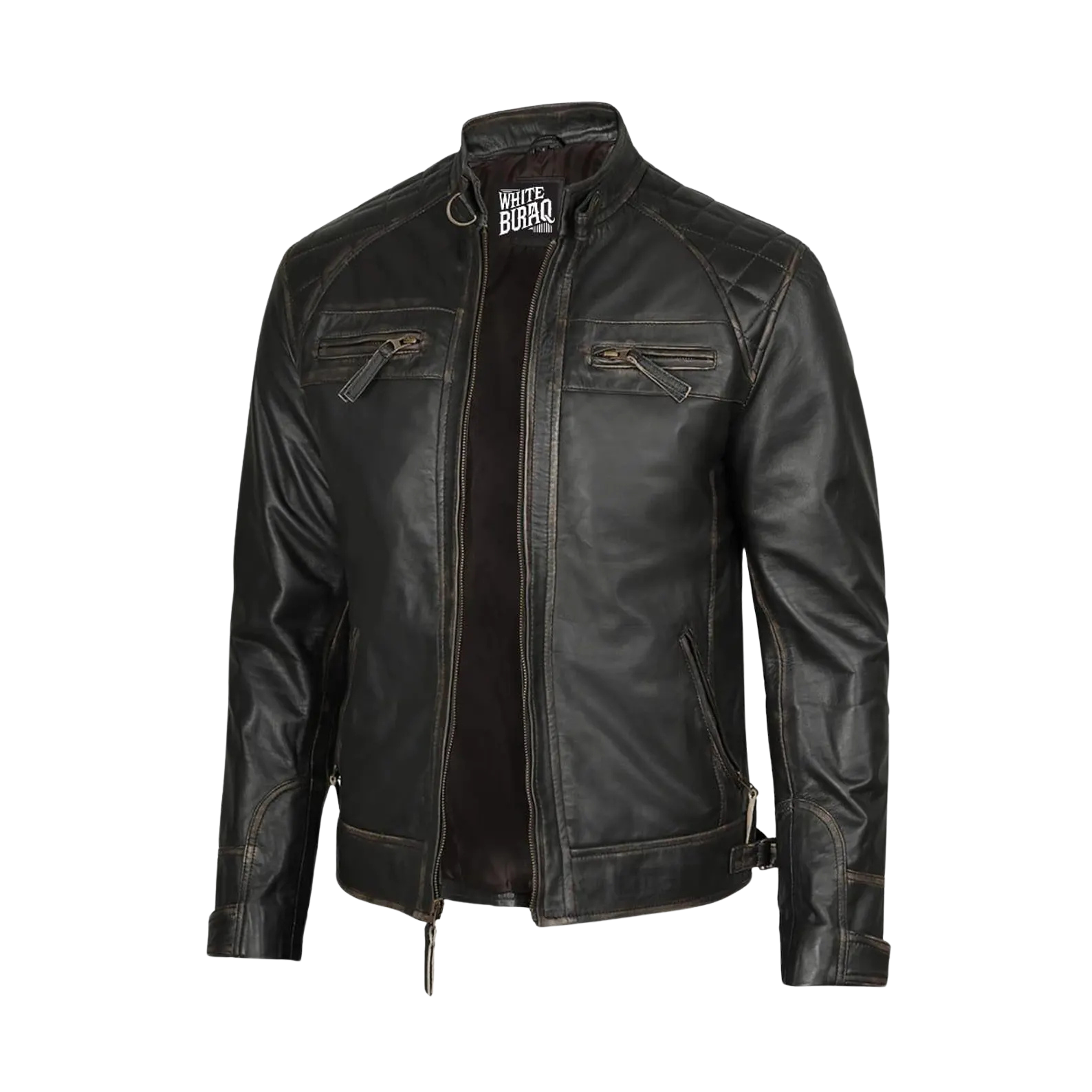 Black leather jacket with visible branding