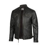 Black leather jacket with visible branding