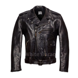 Black leather jacket with multiple zippers and buttons