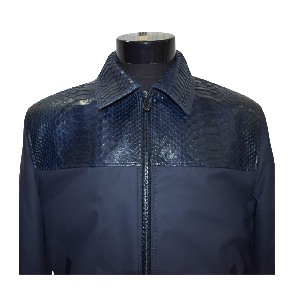 Navy blue jacket with snake skin pattern on a mannequin