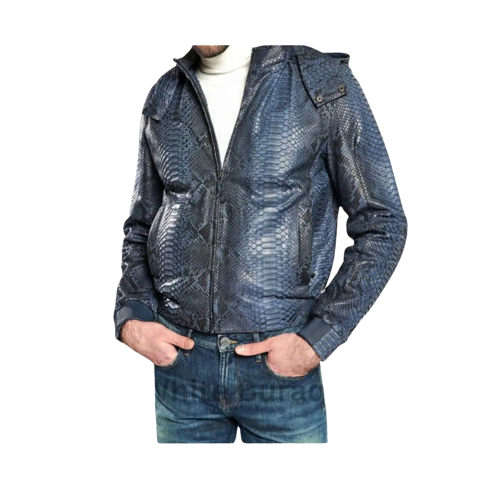 Blue textured jacket worn by a person