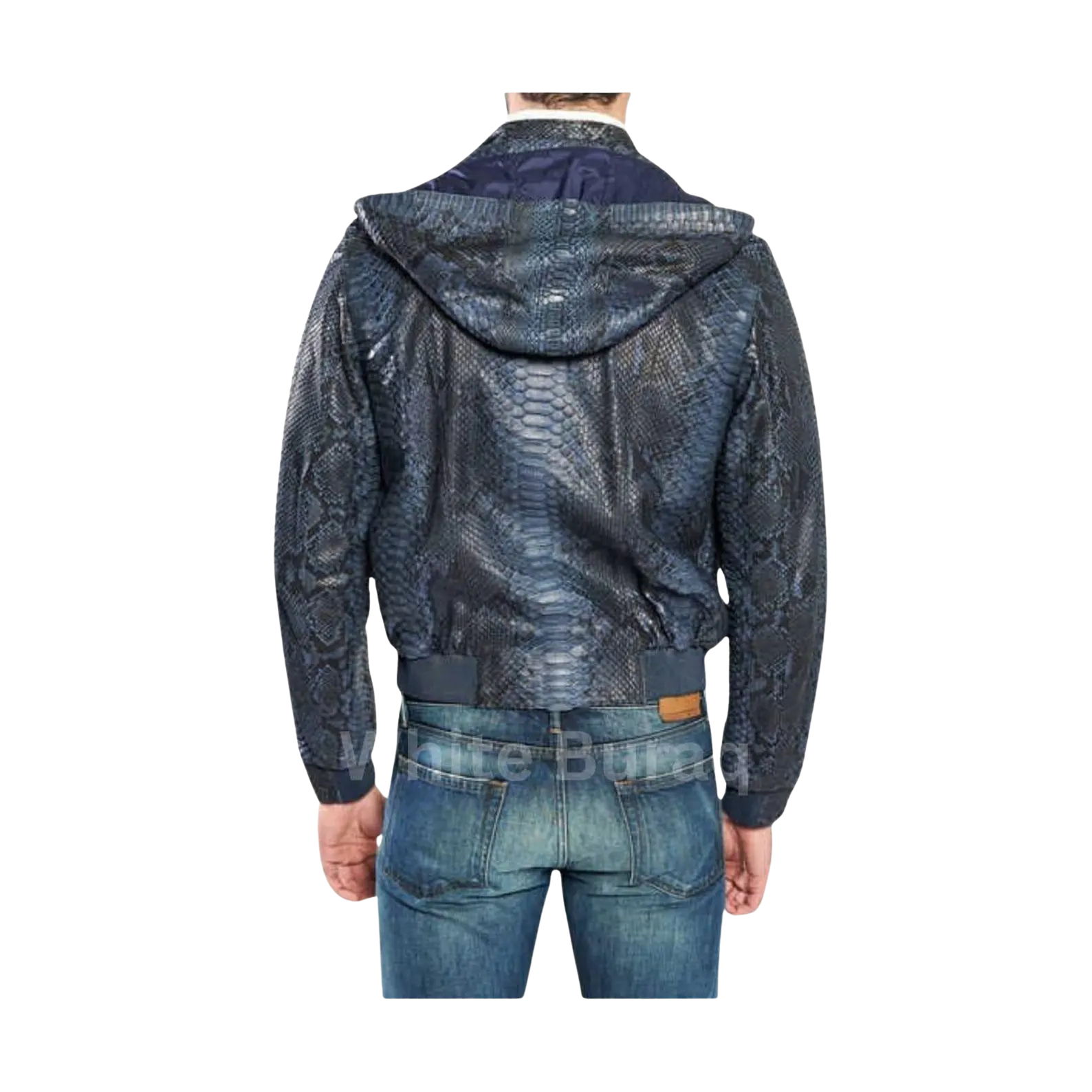 Blue patterned jacket worn by a person