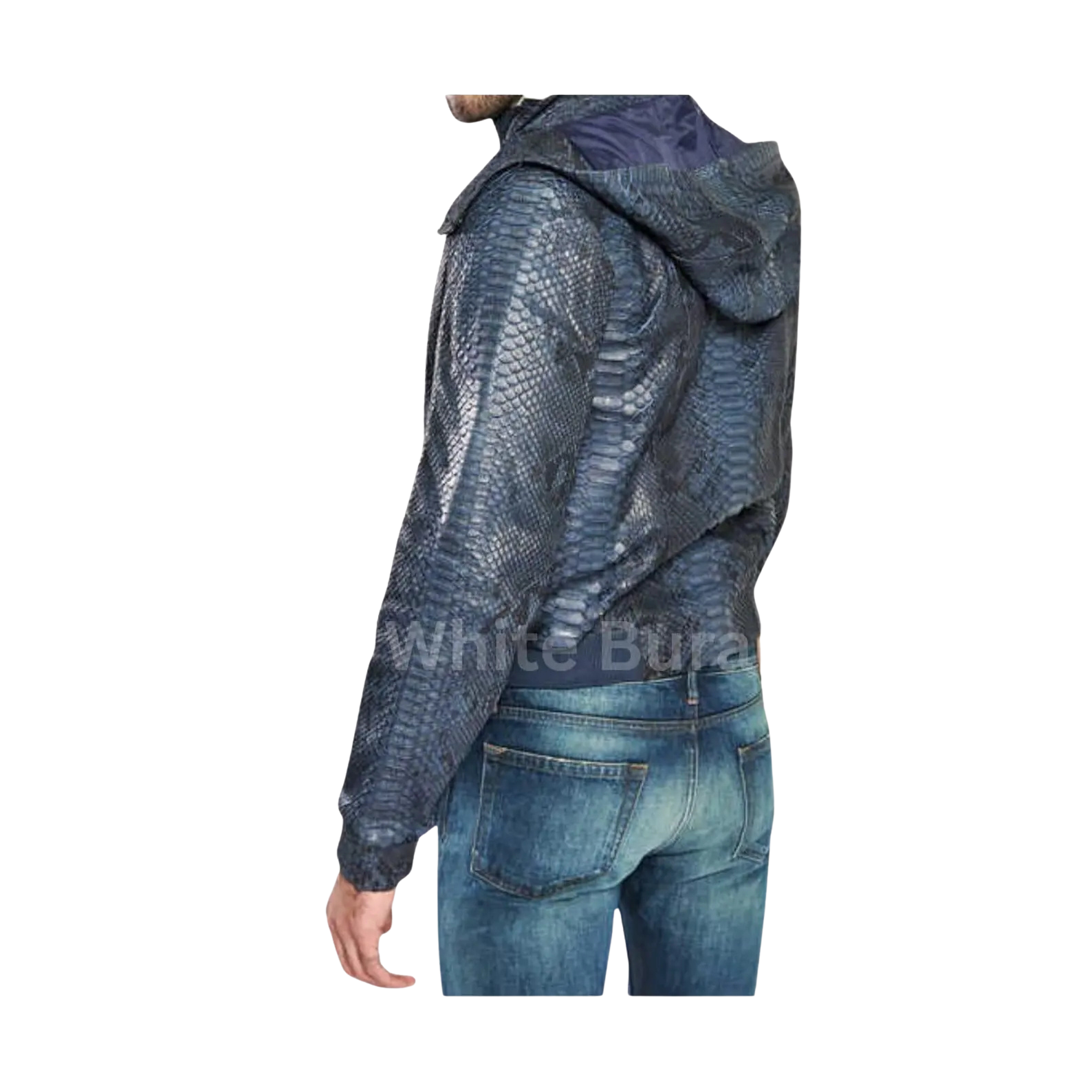 Person wearing a blue textured jacket and jeans