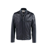 Blue leather jacket with a brand logo