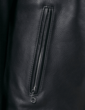 Close-up of a blue leather jacket with a zipper
