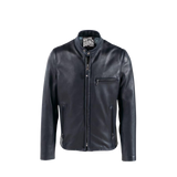 Blue leather jacket with a brand logo