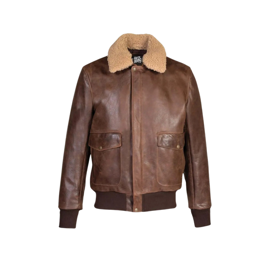 Brown leather jacket with fur collar on a white background