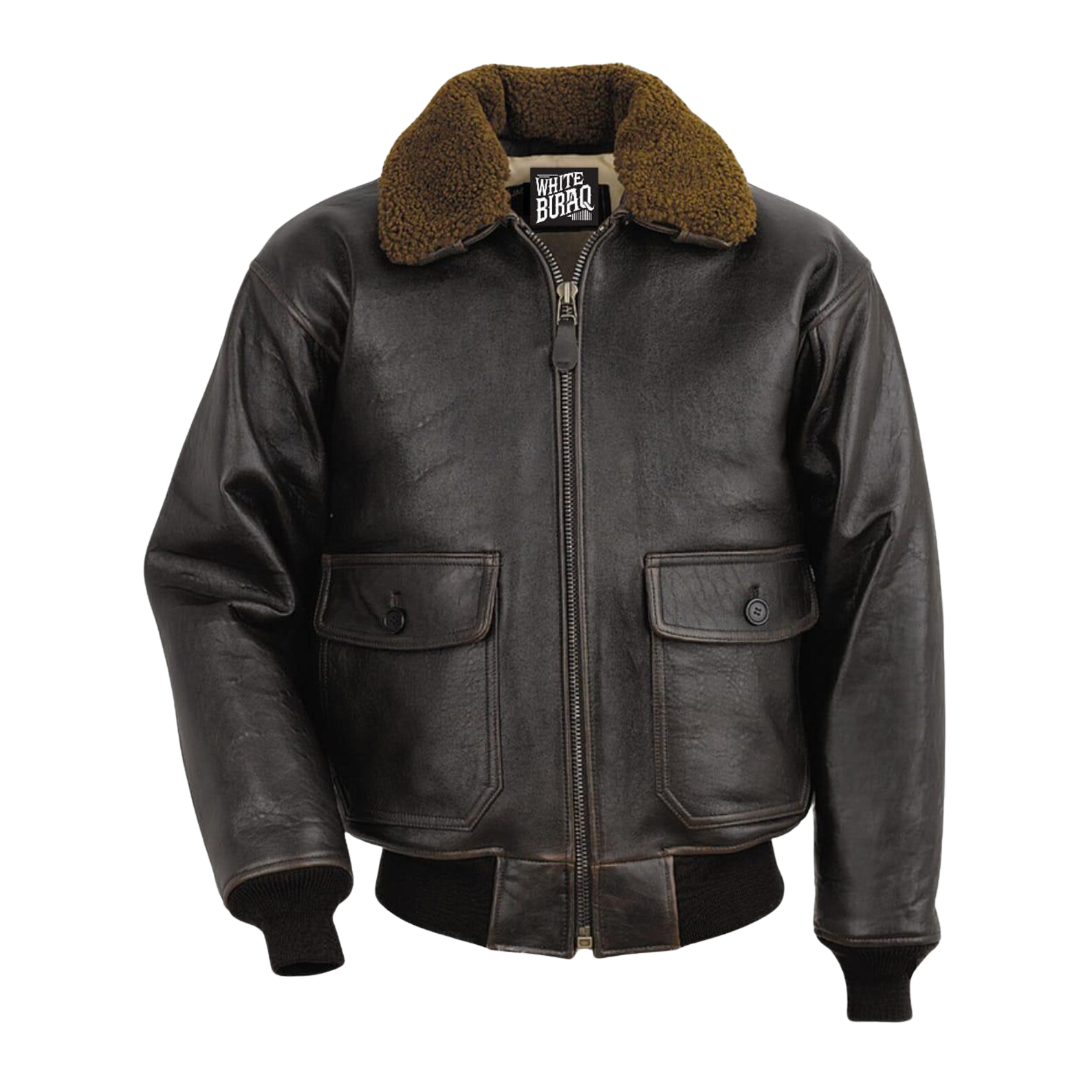 Brown leather jacket with brown fur collar