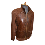 Brown leather jacket with snake skin pattern on a mannequin