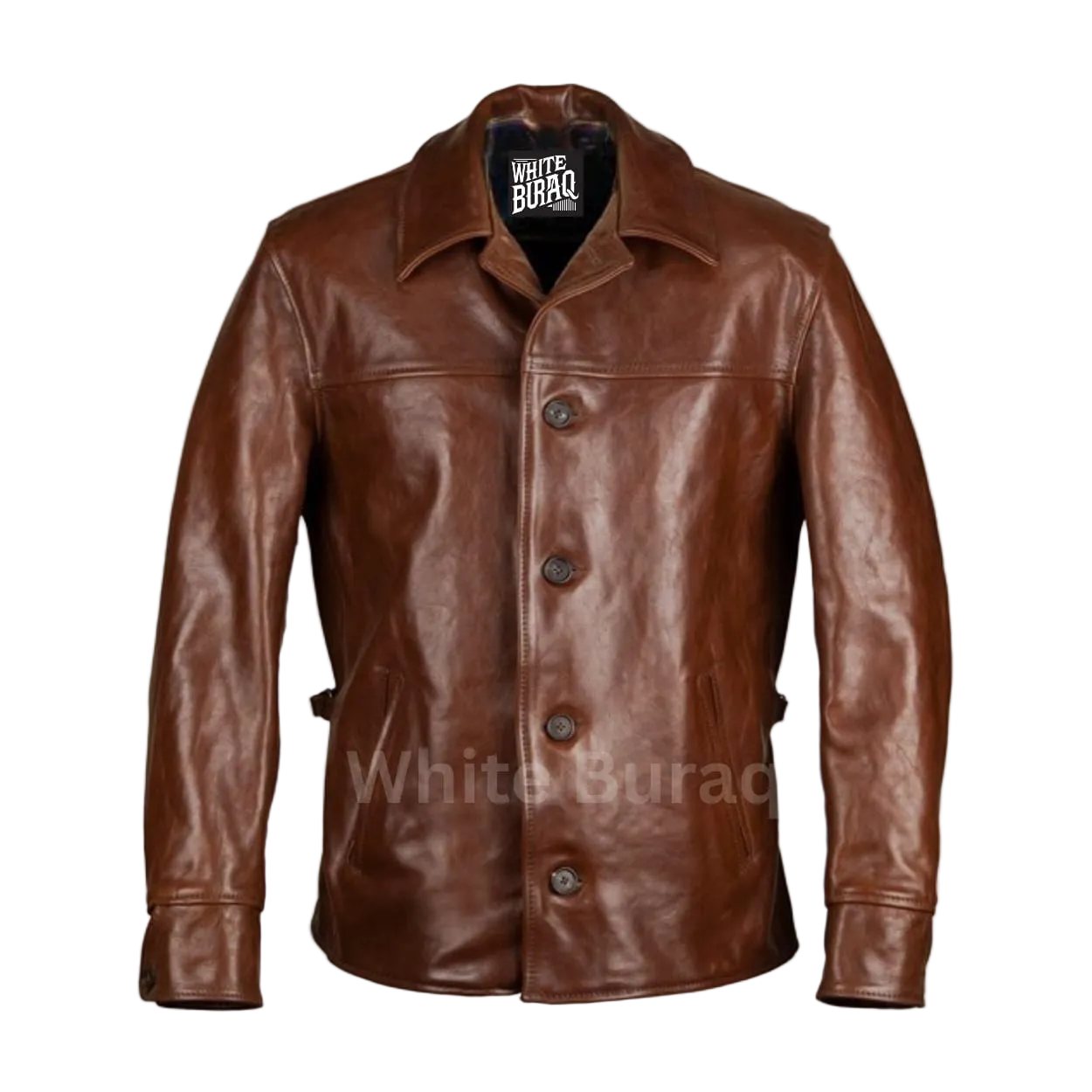 Brown leather jacket with visible brand label