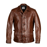Brown leather jacket with visible brand label