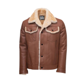 Brown leather jacket with beige fur collar and interior
