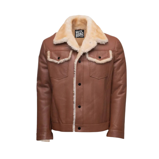 Brown leather jacket with beige fur collar and interior