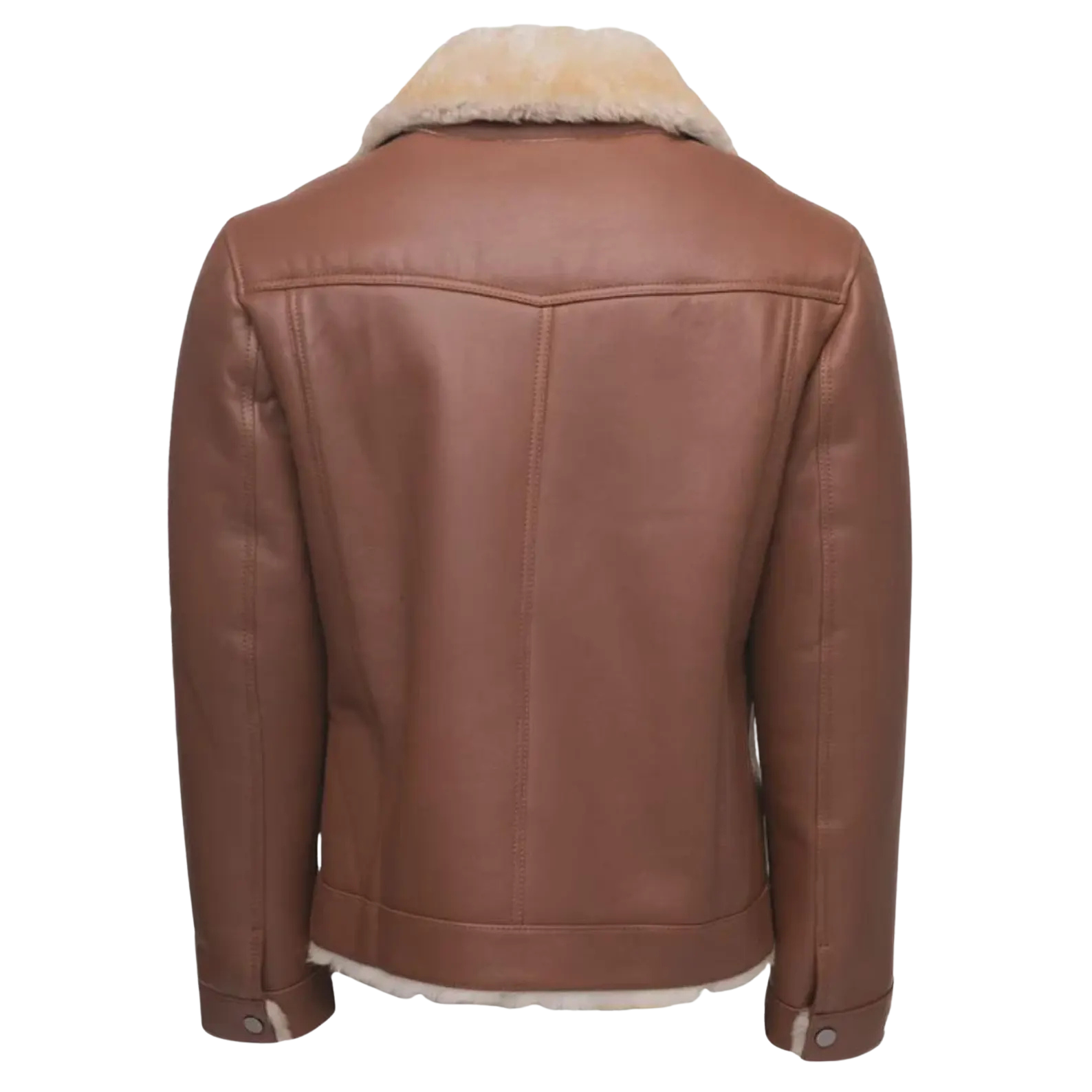 Brown leather jacket with beige fur lining