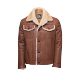 Brown leather jacket with beige fur collar and interior