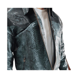 Snakeskin patterned jacket with a white shirt underneath