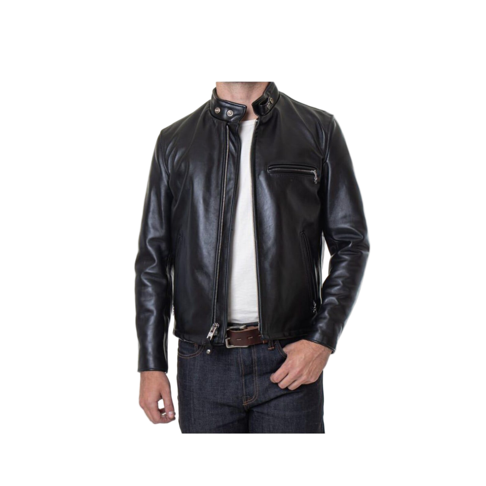 Black leather jacket worn by a person