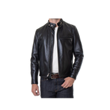 Black leather jacket worn by a person