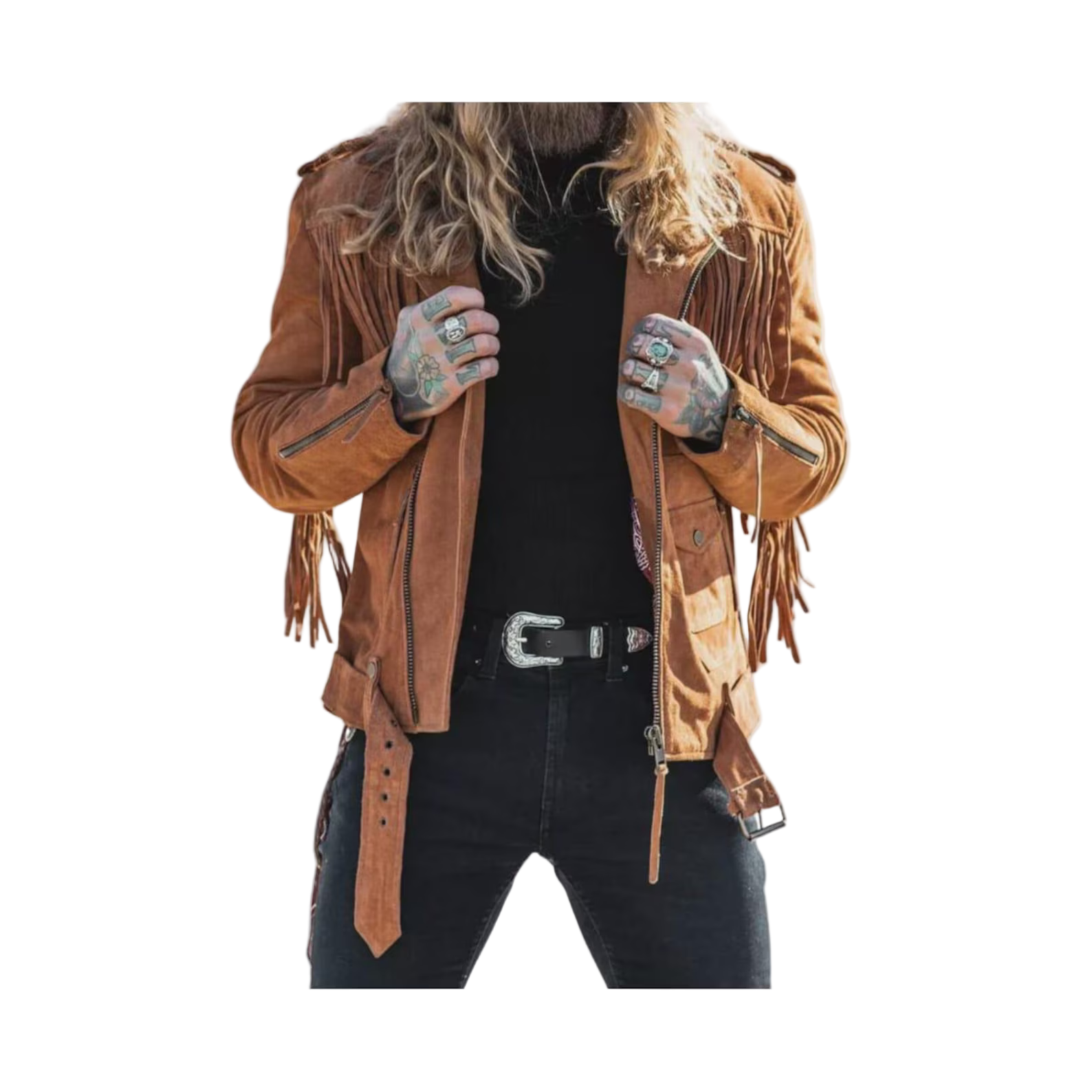 Person wearing a brown fringed leather jacket