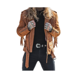 Person wearing a brown fringed leather jacket