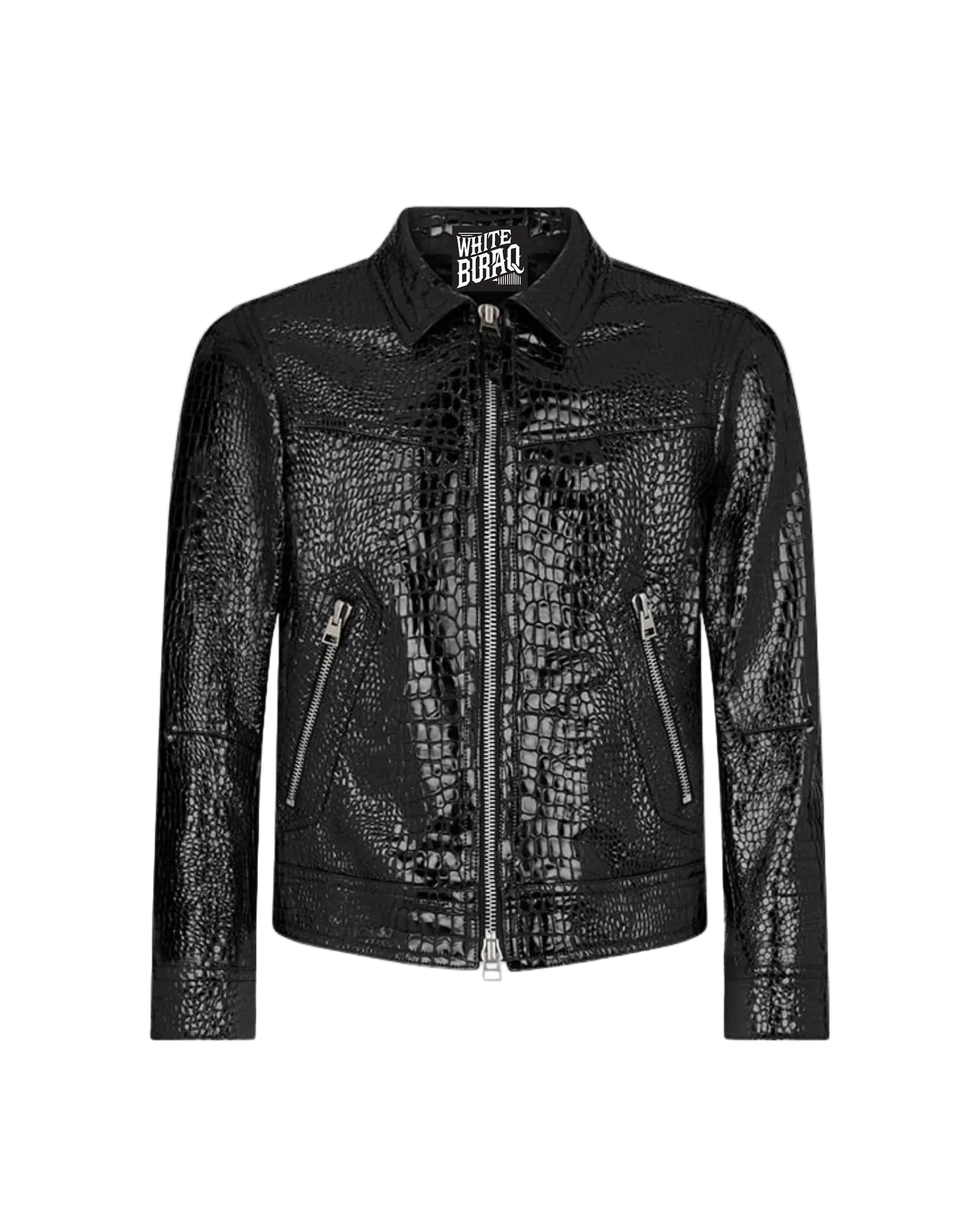 Black leather jacket with crocodile pattern