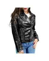 Black crocodile-patterned leather jacket worn by a person