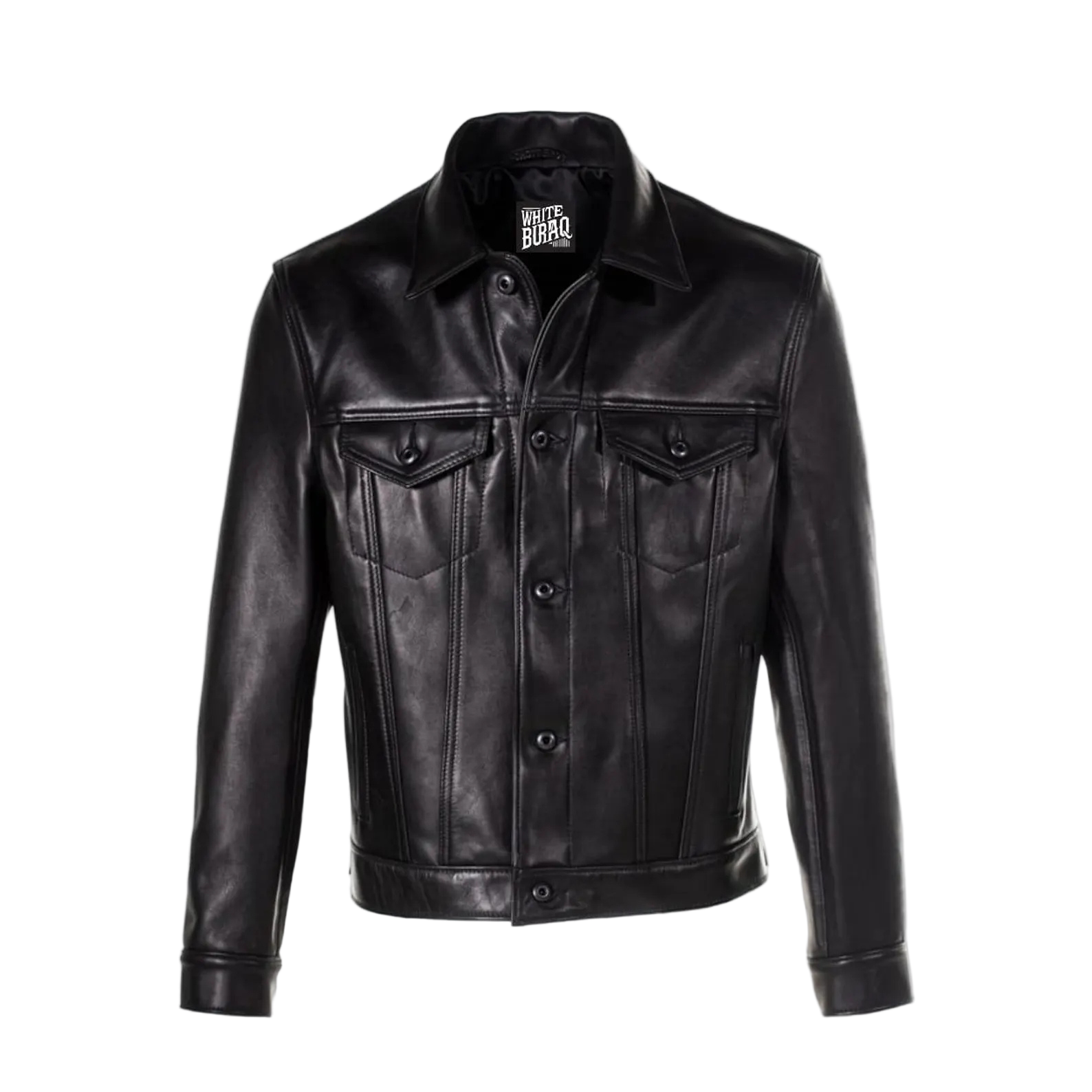 Black leather jacket with a brand logo on a white background