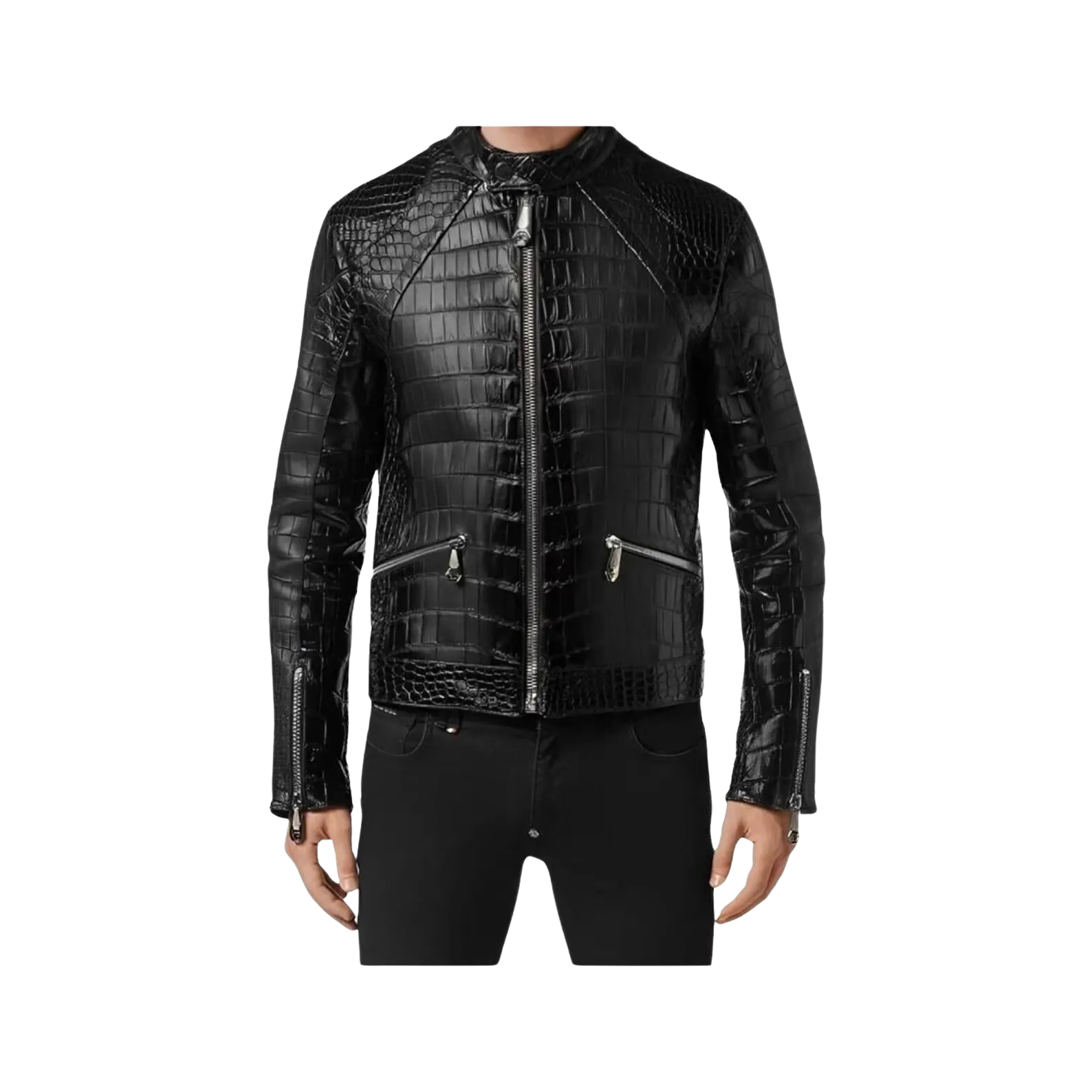 Black crocodile-patterned leather jacket
