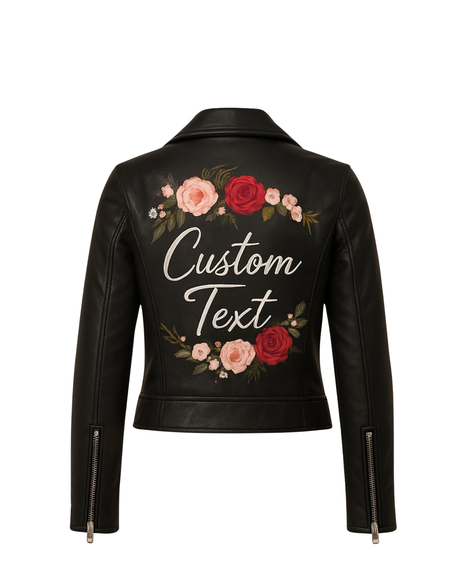 Black leather jacket with floral designs and 'Custom Text'