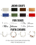 Color swatches for jacket colors, font styles, and floral designs